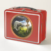 Eisbär mit Blick auf das Nordpol-Holzschild Metall Brotdose (Vorderseite)