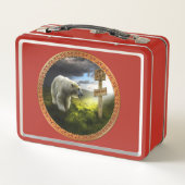 Eisbär mit Blick auf das Nordpol-Holzschild Metall Brotdose (Rückseite)