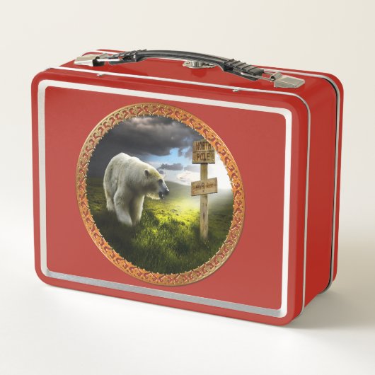 Eisbär mit Blick auf das Nordpol-Holzschild Metall Brotdose (Rückseite)