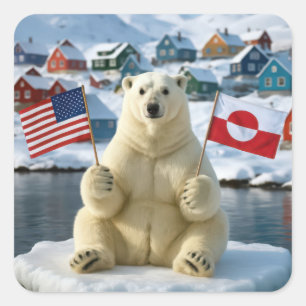 Eisbär mit grönländischen und amerikanischen Flagg Quadratischer Aufkleber