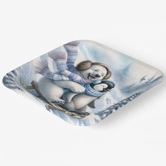 Eisbär mit Pinguin Pappteller (Gewinkelt)