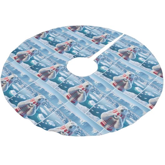 Eisbär mit Winterskarf und Herz Polyester Weihnachtsbaumdecke (Schrägansicht)