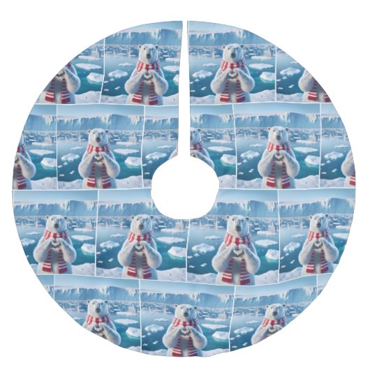 Eisbär mit Winterskarf und Herz Polyester Weihnachtsbaumdecke (Vorderseite)