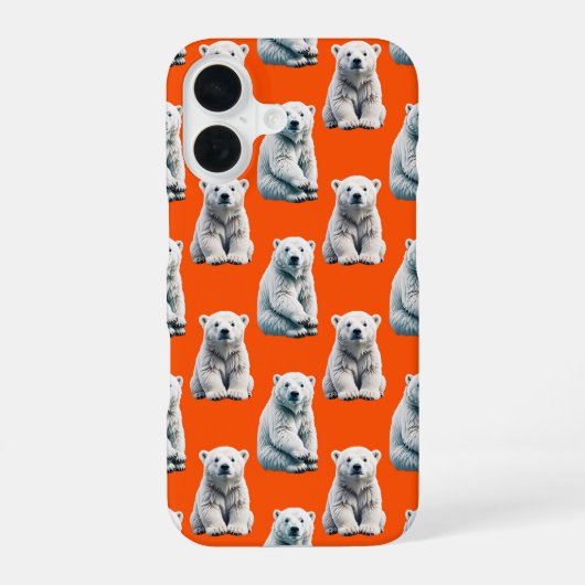 Eisbär-Musterdesign auf Orange iPhone 16 Hülle (Rückseite)