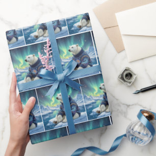 Eisbär sitzt unter Nordlichtern Geschenkpapier