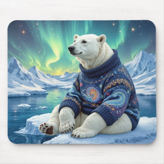 Eisbär sitzt unter Nordlichtern Mousepad (Vorne)