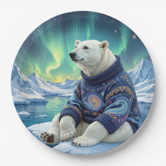 Eisbär sitzt unter Nordlichtern Pappteller (Vorderseite)