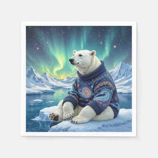 Eisbär sitzt unter Nordlichtern Serviette (Vorderseite)