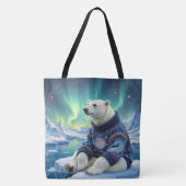 Eisbär sitzt unter Nordlichtern Tasche (Vorderseite)