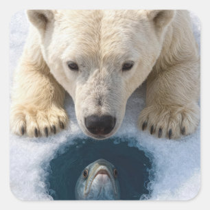 Eisbär starrt auf einen Fisch Quadratischer Aufkleber