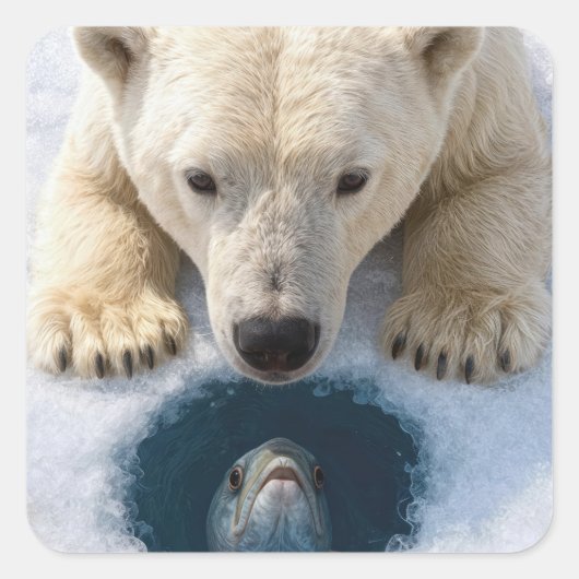 Eisbär starrt auf einen Fisch Quadratischer Aufkleber (Vorderseite)
