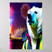 Eisbär und Feuerwerk in der Stadt | Art der AI Poster (Vorne)