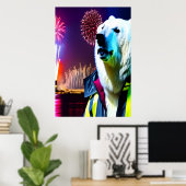 Eisbär und Feuerwerk in der Stadt | Art der AI Poster (Heimbüro)