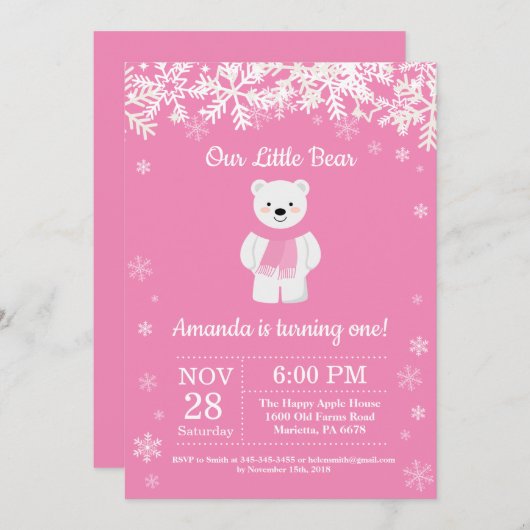 Eisbär Winter Girl zum Geburtstag Einladung (Vorne/Hinten)