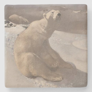 Eisbär Winter Schnee Vintage-Illustration grau  Steinuntersetzer