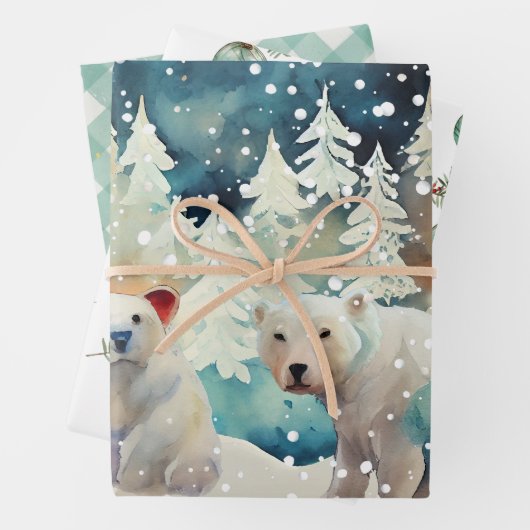 Eisbären, Ornamente, Gingham Karo Weihnachten Geschenkpapier Set (Beispiel)