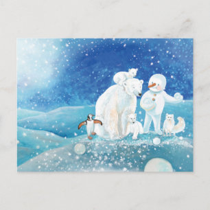 Eisbären, Polar Fox, Kaiserpinguin und Snowman Feiertagspostkarte