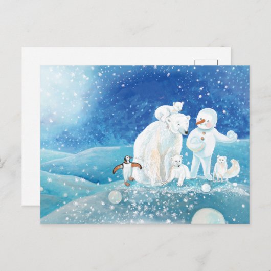 Eisbären, Polar Fox, Kaiserpinguin und Snowman Postkarte (Vorne/Hinten)