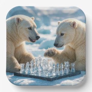 Eisbären spielen Schach auf einem Gletscher Pappteller