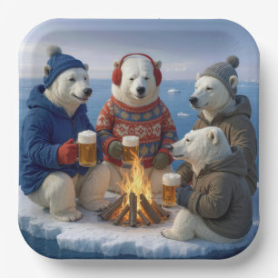 Eisbären trinken um ein Lagerfeuer herum Pappteller