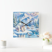 Eisbären und schneebedeckte Winterbilder Quadratische Wanduhr (Zuhause)