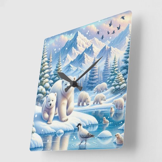 Eisbären und schneebedeckte Winterbilder Quadratische Wanduhr (Winkel)