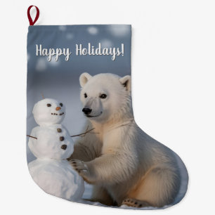 Eisbärenjunges und Schneemann Ferien-Design Großer Weihnachtsstrumpf