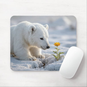 Eisbärjunges bewundert ein Gänseblümchen Mousepad