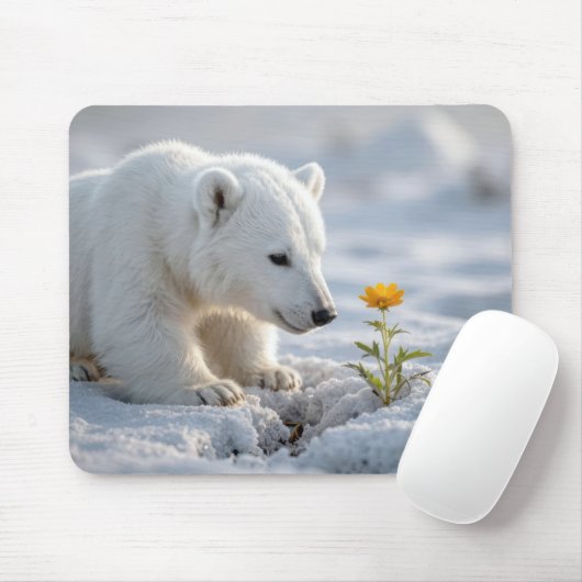 Eisbärjunges bewundert ein Gänseblümchen Mousepad (Mit Mouse)