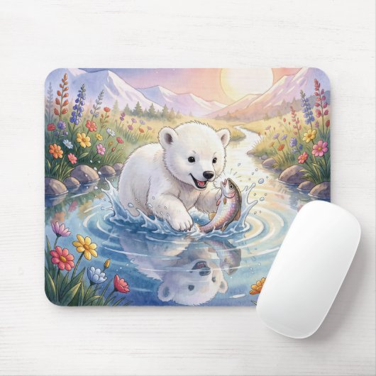 Eisbärjunges spielt mit einem Fisch Mousepad (Mit Mouse)