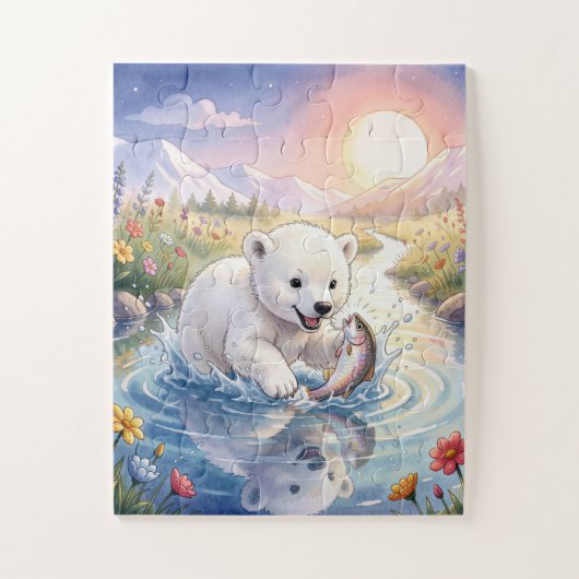 Eisbärjunges spielt mit einem Fisch Puzzle (Vertikal)