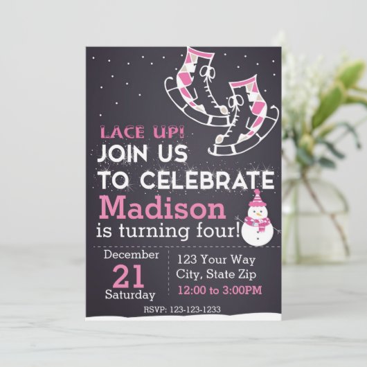 Eisbäume Skate Einladung zum Geburtstag (pink) (Stehend Vorderseite)
