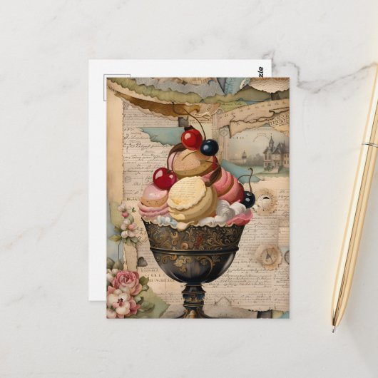 Eisbecher-Vintage-Collage Postkarte (Vorderseite/Rückseite Beispiel)