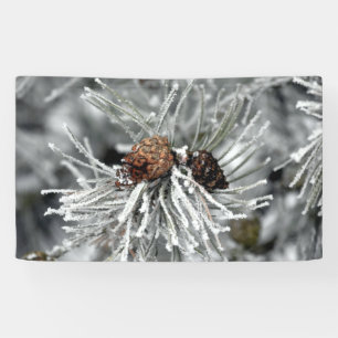 Eisbedeckte Kiefernzäune im Winter Banner