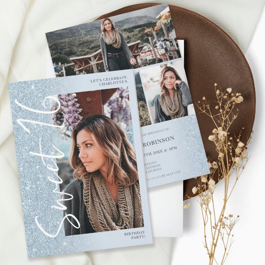 Eisblau Glitzer ombre Skript 4 Fotos Sweet 16 Einladung