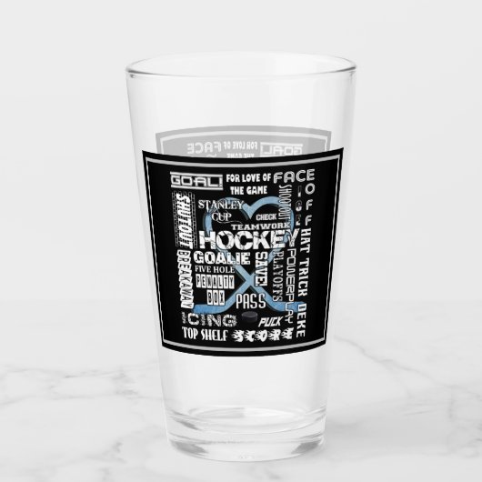 Eisblau-Heart-Hockey-Wörter weiße Logo Glas (Vorderseite)