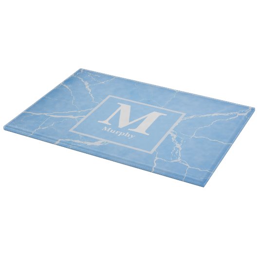 Eisblau-Marmor mit weißer Venen-Monogramm Schneidebrett (Ecke)