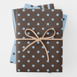 Eisblau und dunkelbraune Polka-Punkte und Streifen Geschenkpapier Set