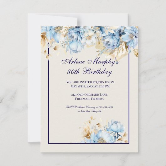 Eisblau und Marineblumengeburt Einladung (Vorderseite)