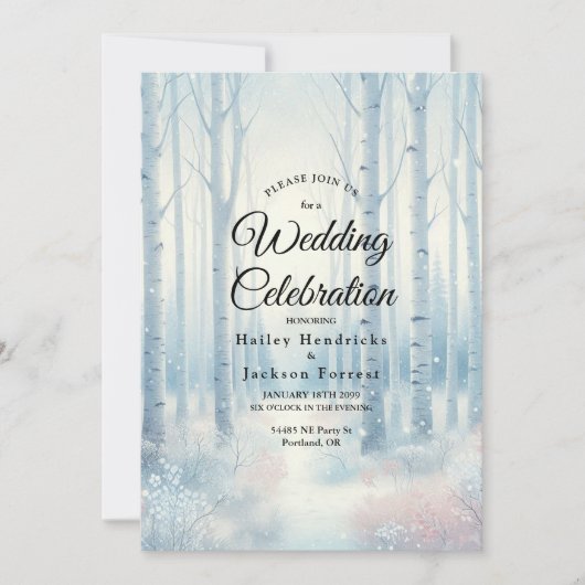 Eisblaue Birkenwald-Hochzeit Einladung (Vorderseite)
