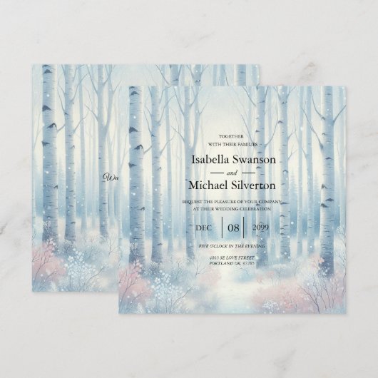 Eisblaue Birkenwald-Hochzeit Einladung (Vorne/Hinten)