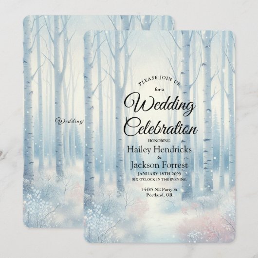Eisblaue Birkenwald-Hochzeit Einladung (Vorne/Hinten)