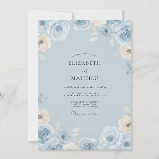 Eisblaue Blütenhochzeit Einladung (Vorderseite)