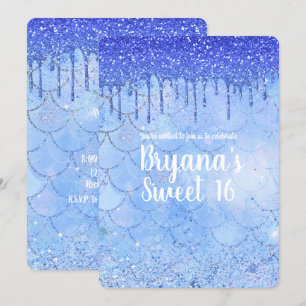 Eisblaue Glitter-Tropfen-Meerjungfrau Sweet 16 Par Einladung