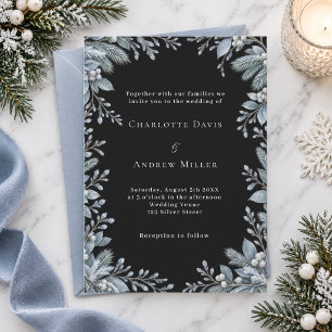 Eisblaue Winter Botanical Schwarze Hochzeit Einladung