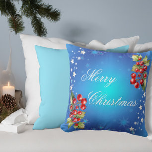 Eisblaue Wintersterne & Stechpalme Frohe Weihnacht Kissen