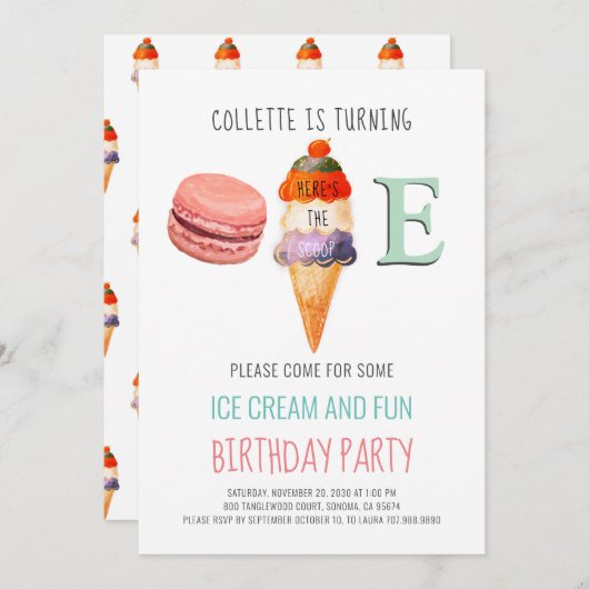 Eiscreme 1. Geburtstag - eine Einladung (Vorne/Hinten)