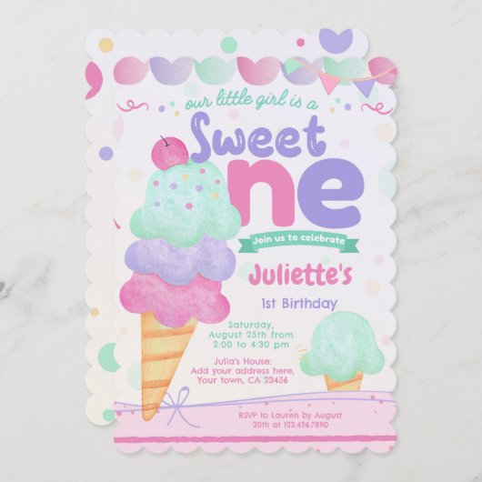 Eiscreme 1. Geburtstag Party Einladung (Vorne/Hinten)