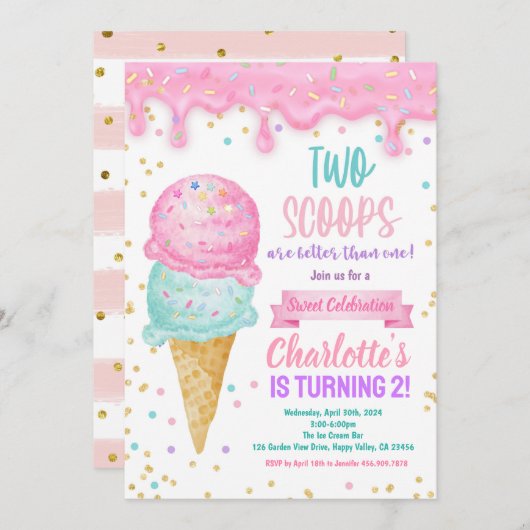 Eiscreme 2. Geburtstag Party 2 Schotte besser Einladung (Vorne/Hinten)