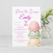 Eiscreme 2. Geburtstagsmädchen Rosa Aquarell  Einladung (Stehend Vorderseite)